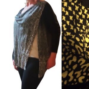 New direction cowl neck mixed pattern sweater with zipper accent